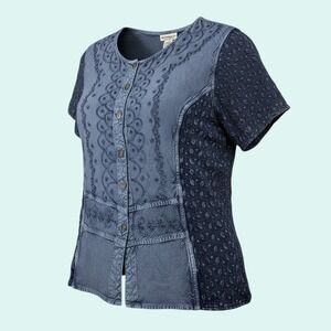 Serengeti Blouse Women's Indigo Blue L Embroidered Rayon Patchwork